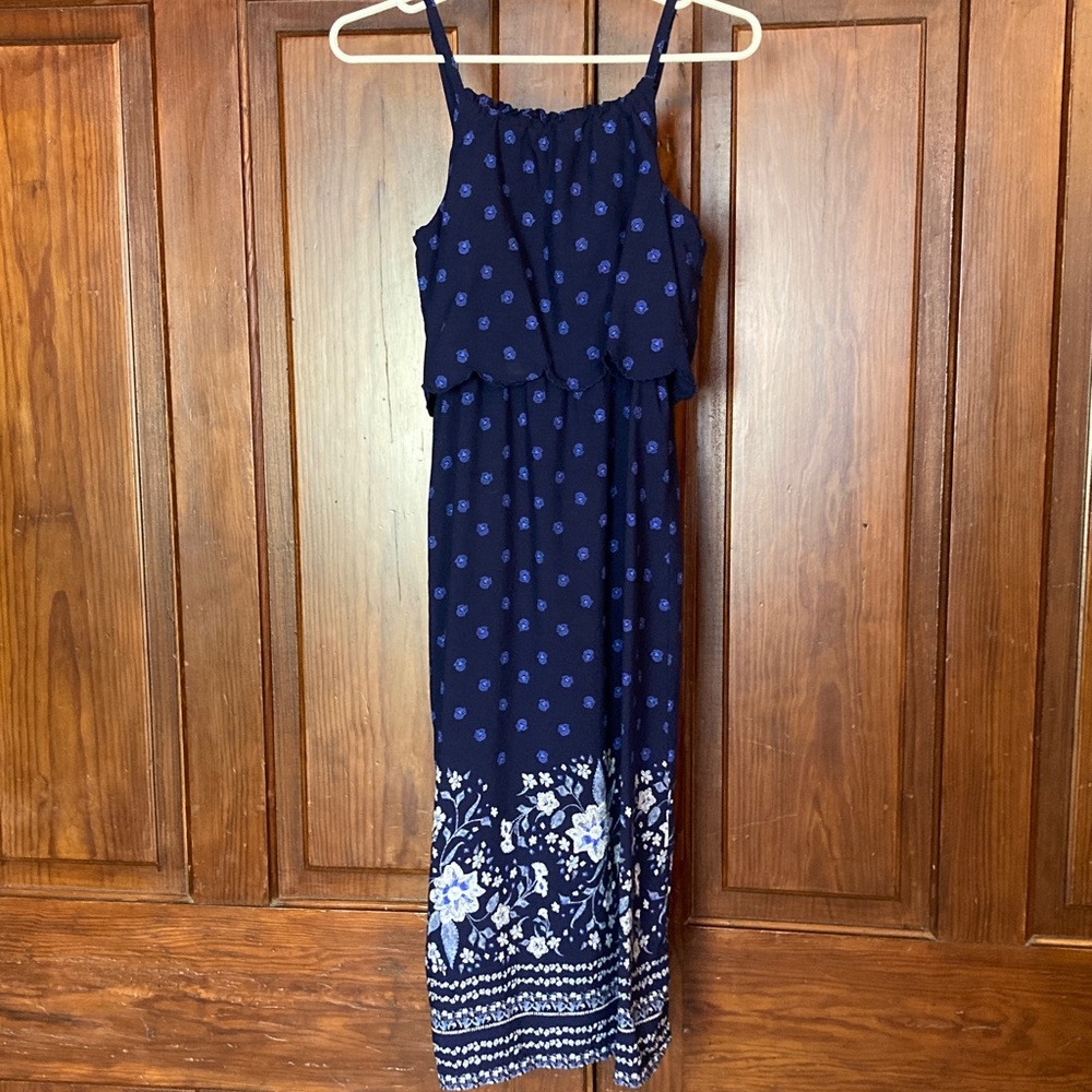 Old Navy Navy and Light Blue Floral Rayon Maxi Dress Size 16 XXL Girls